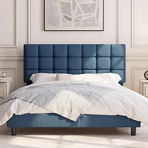 Yaheetech Queen Size Upholstered Platform Bed, Mattress Foundation with Height Adjustable Tufted Headboard and Wood Slat Support, No Box Spring Needed, Easy Assembly, Navy Blue