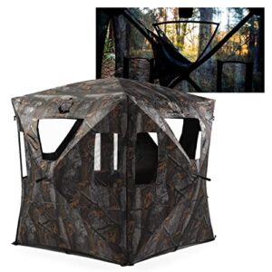 black hoof outdoors 360 degree view hunting blind, see through ground blind for deer & turkey, pop up hub design tent with stakes for 2-3 person, camouflage screen and adjustable windows for gun & bow