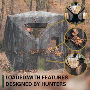 Black Hoof Outdoors 360 Degree View Hunting Blind, See Through Ground Blind for Deer & Turkey, Pop Up Hub Design Tent with Stakes for 2-3 Person, Camouflage Screen and Adjustable Windows for Gun & Bow