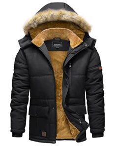 tacvasen men's winter jacket with hood water repellent windproof fleece parka coat black, m