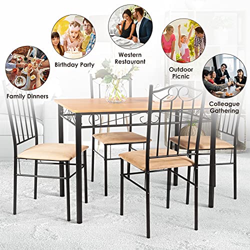 S AFSTAR Safstar 5-Piece Dining Table Set, Kitchen Vintage Table and Padded Chairs Set with Wood Tabletop & Metal Frame, Dining Room Table Set for 4, Ideal for Home Restaurant Kitchen Café