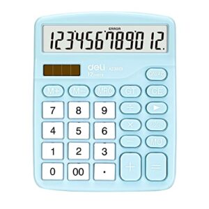 calculator, deli standard function desktop calculators with 12 digit large lcd display and sensitive button, solar battery dual power office calculator, blue