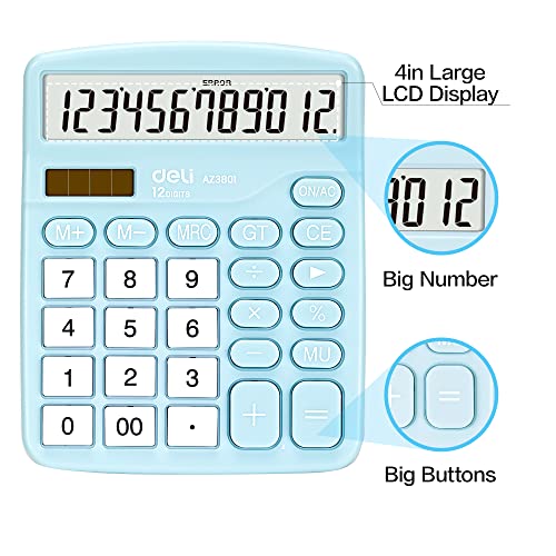 Calculator, Deli Standard Function Desktop Calculators with 12 Digit Large LCD Display and Sensitive Button, Solar Battery Dual Power Office Calculator, Blue
