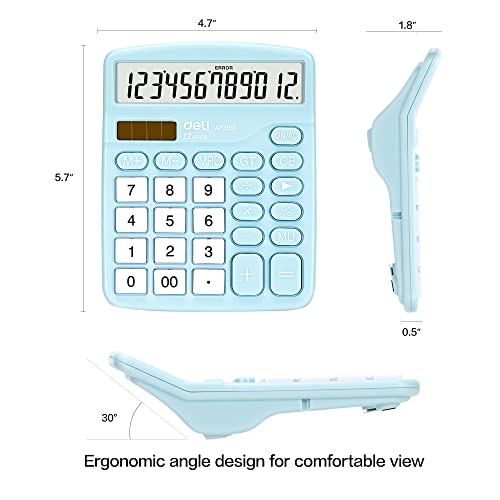 Calculator, Deli Standard Function Desktop Calculators with 12 Digit Large LCD Display and Sensitive Button, Solar Battery Dual Power Office Calculator, Blue