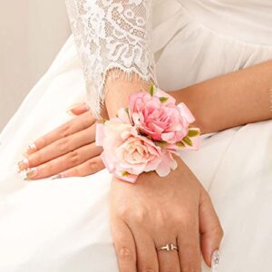 casdre bride wedding wrist corsage bridal hand flower pearl corsage wristlet wedding accessories for women and girls (pink)