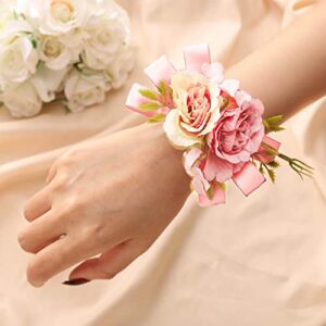 CASDRE Bride Wedding Wrist Corsage Bridal Hand Flower Pearl Corsage Wristlet Wedding Accessories for Women and Girls (Pink)
