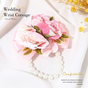 CASDRE Bride Wedding Wrist Corsage Bridal Hand Flower Pearl Corsage Wristlet Wedding Accessories for Women and Girls (Pink)