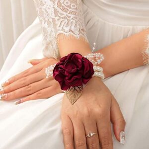 casdre bridal wrist corsage pearl bride wedding hand flower corsage wristlet wedding accessories for women and girls (red)