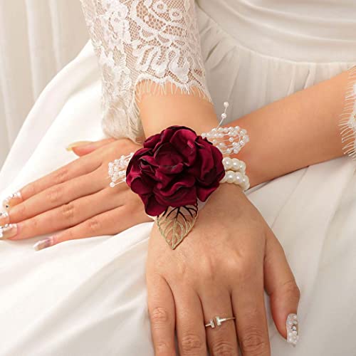 CASDRE Bridal Wrist Corsage Pearl Bride Wedding Hand Flower Corsage Wristlet Wedding Accessories for Women and Girls (Red)