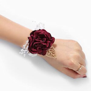 CASDRE Bridal Wrist Corsage Pearl Bride Wedding Hand Flower Corsage Wristlet Wedding Accessories for Women and Girls (Red)