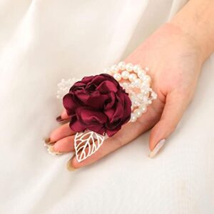 CASDRE Bridal Wrist Corsage Pearl Bride Wedding Hand Flower Corsage Wristlet Wedding Accessories for Women and Girls (Red)