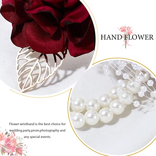 CASDRE Bridal Wrist Corsage Pearl Bride Wedding Hand Flower Corsage Wristlet Wedding Accessories for Women and Girls (Red)