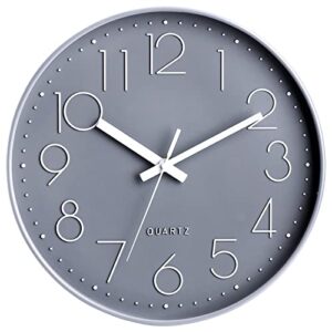 hacaroa 12 inch silent non-ticking wall clock, decorative modern clock battery operated, round clock glass cover sweep movement for living room, office, school, gray