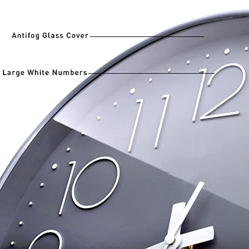 Hacaroa 12 Inch Silent Non-Ticking Wall Clock, Decorative Modern Clock Battery Operated, Round Clock Glass Cover Sweep Movement for Living Room, Office, School, Gray