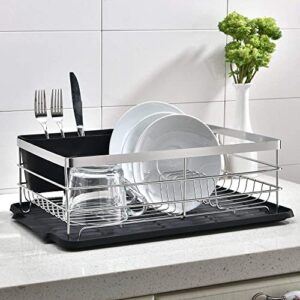 popity home dish drying rack, sturdy kitchen sink side draining kitchen counter top chrome dish drying rack,dish rack and drainboard set with black utensil holder