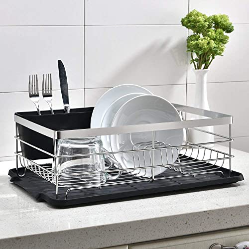 Popity home Dish Drying Rack, Sturdy Kitchen Sink Side Draining Kitchen Counter Top Chrome Dish Drying Rack,Dish Rack and Drainboard Set with Black Utensil Holder