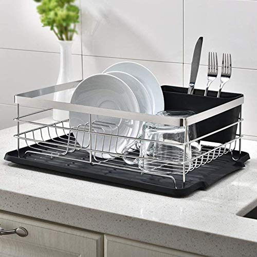 Popity home Dish Drying Rack, Sturdy Kitchen Sink Side Draining Kitchen Counter Top Chrome Dish Drying Rack,Dish Rack and Drainboard Set with Black Utensil Holder