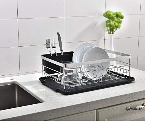 Popity home Dish Drying Rack, Sturdy Kitchen Sink Side Draining Kitchen Counter Top Chrome Dish Drying Rack,Dish Rack and Drainboard Set with Black Utensil Holder