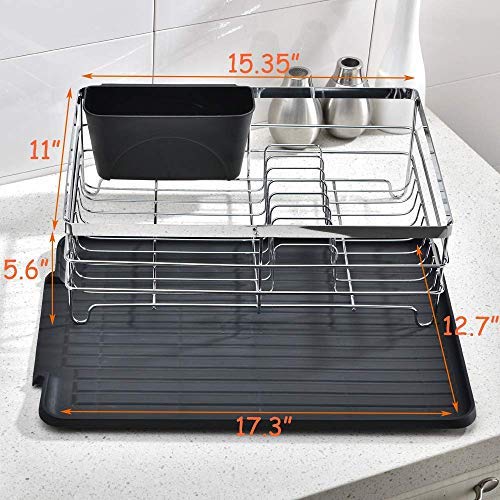Popity home Dish Drying Rack, Sturdy Kitchen Sink Side Draining Kitchen Counter Top Chrome Dish Drying Rack,Dish Rack and Drainboard Set with Black Utensil Holder