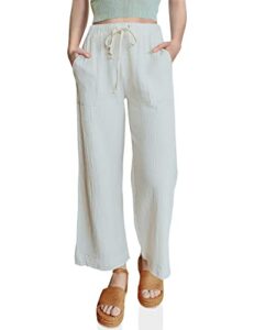 dokotoo women's ladies fashion summer beach casual linen elastic high waisted drawstring comfy elegant wide leg loose work office long palazzo pants for women trousers with pockets white xl