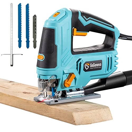 7.2AMP(850W) Jig Saw, GoGonova 6 Variable Speeds Jigsaw, 4-Stage Orbital Function, ±45° Bevel, Jig Saw Tool Kit with Wood Cutter Blades, Laser Guide (LED), Scale Ruler, Dust Blowing