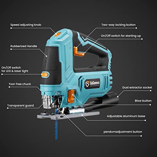 7.2AMP(850W) Jig Saw, GoGonova 6 Variable Speeds Jigsaw, 4-Stage Orbital Function, ±45° Bevel, Jig Saw Tool Kit with Wood Cutter Blades, Laser Guide (LED), Scale Ruler, Dust Blowing