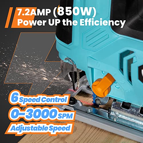 7.2AMP(850W) Jig Saw, GoGonova 6 Variable Speeds Jigsaw, 4-Stage Orbital Function, ±45° Bevel, Jig Saw Tool Kit with Wood Cutter Blades, Laser Guide (LED), Scale Ruler, Dust Blowing