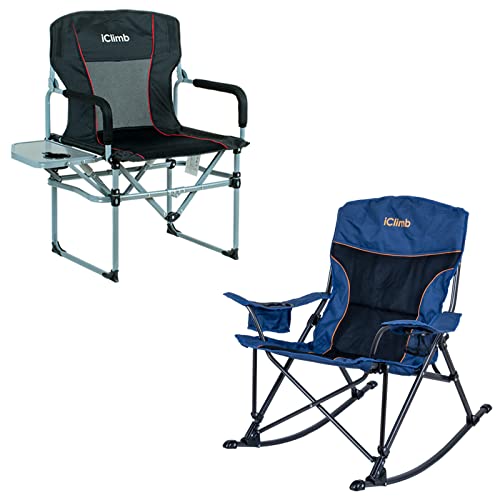 iClimb 1 Padded Rocking Folding Chair and 1 Heavy Duty Compact Folding Chair Bundle for Two Person Camping Patio Porch Backyard Lawn Garden Balcony Indoor Outdoor