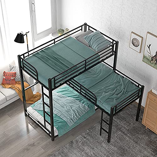 STP-Y Metal Bunk Bed with Desk, Twin Over Twin Over Full Bunk Beds, L-Shaped Metal Triple Twin Over Full Bunk Bed Teens Adult, Black with Desk (Color : Black)