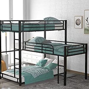 STP-Y Metal Bunk Bed with Desk, Twin Over Twin Over Full Bunk Beds, L-Shaped Metal Triple Twin Over Full Bunk Bed Teens Adult, Black with Desk (Color : Black)