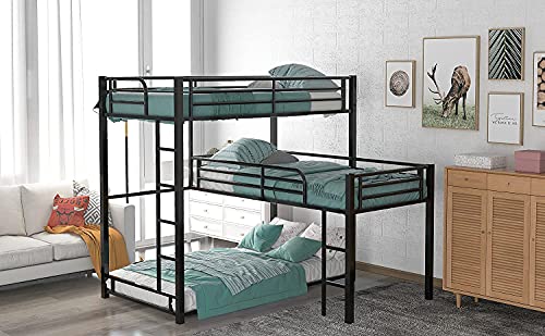 STP-Y Metal Bunk Bed with Desk, Twin Over Twin Over Full Bunk Beds, L-Shaped Metal Triple Twin Over Full Bunk Bed Teens Adult, Black with Desk (Color : Black)