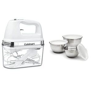 cuisinart hm-90s power advantage plus 9-speed handheld mixer with storage case, white & ctg-00-smb stainless steel mixing bowls with lids, set of 3