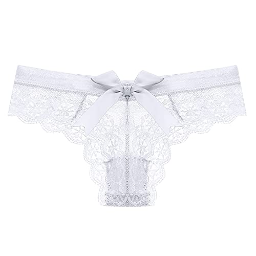 KUAOPATA Women's Lace Bow Thongs T Back Low Waist Breathable Panties Sexy Seamless V-Shape Design Floral Lace tangas White XL