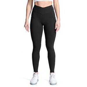 aoxjox trinity high waisted yoga pants with pockets for women tummy control cross-waist buttery soft crossover workout leggings (black v-waist, medium)
