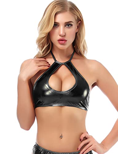 Taube Shiny Metallic Crop Tops for Women Sexy Wet Look Latex Bra