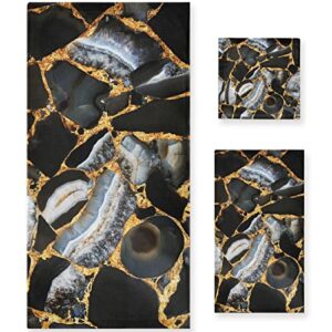 naanle black marble with golden line soft set of 3 towels, 1 bath towel+1 hand towel+1 washcloth, decorative for bathroom, hotel, gym, spa and beach