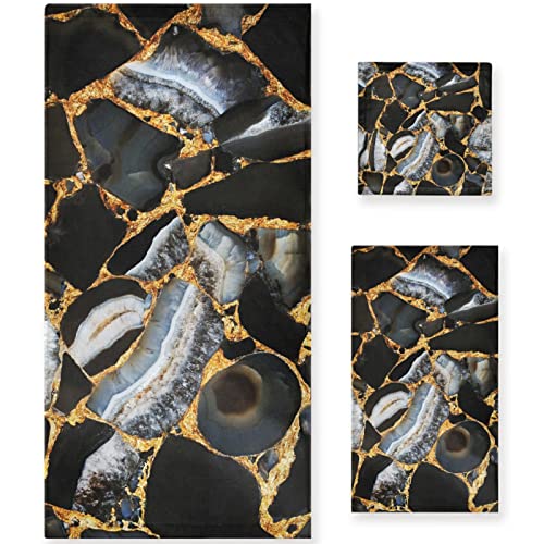 Naanle Black Marble with Golden Line Soft Set of 3 Towels, 1 Bath Towel+1 Hand Towel+1 Washcloth, Decorative for Bathroom, Hotel, Gym, Spa and Beach