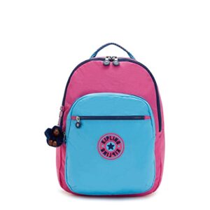 kipling women's seoul 15” laptop backpack, durable, roomy with padded shoulder straps, nylon bag, pink blue cbv2, 12.75''l x 17.25''h x 9''d