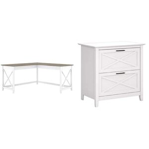 bush furniture key west 60w l shaped desk, pure white and shiplap gray & key west 2 drawer lateral file cabinet, pure white oak