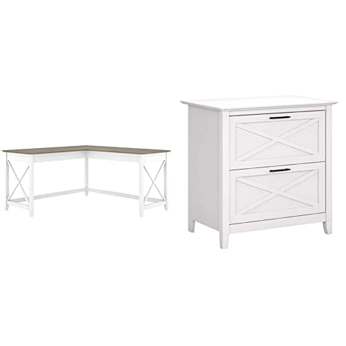 Bush Furniture Key West 60W L Shaped Desk, Pure White and Shiplap Gray & Key West 2 Drawer Lateral File Cabinet, Pure White Oak