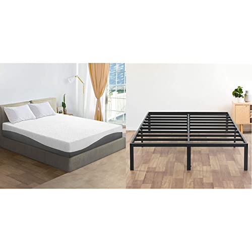 Olee Sleep 10 inch Aquarius Memory Foam Mattress - Full & 14 Inch Heavy Duty Steel Slat/Anti-Slip Support/Easy Assembly/Mattress Foundation/Bed Frame/Noise Free/No Box Spring Needed, Full