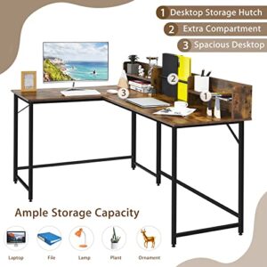 Tangkula 66.5 Inches L-Shaped Desk, Space Saving Corner Computer Desk with Hutch, Study Writing Desk with Storage Shelves Heavy Duty Steel Frame, Gaming Desk Computer Workstation for Home & Office