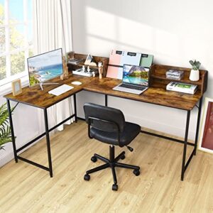 Tangkula 66.5 Inches L-Shaped Desk, Space Saving Corner Computer Desk with Hutch, Study Writing Desk with Storage Shelves Heavy Duty Steel Frame, Gaming Desk Computer Workstation for Home & Office