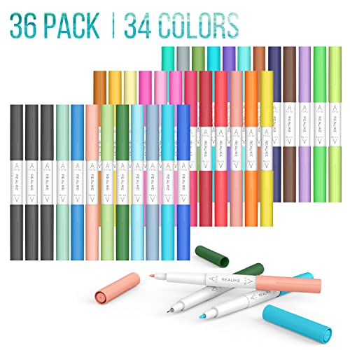 REALIKE Dual Tip Pens for Cricut Maker 3/Maker/Explore 3/Air 2/Air, Dual Tip Marker Pens Set of 36 Pack Fine Point Pen Writing Drawing Accessories for Cricut Machine (0.4 Tip & 1.0 Tip)
