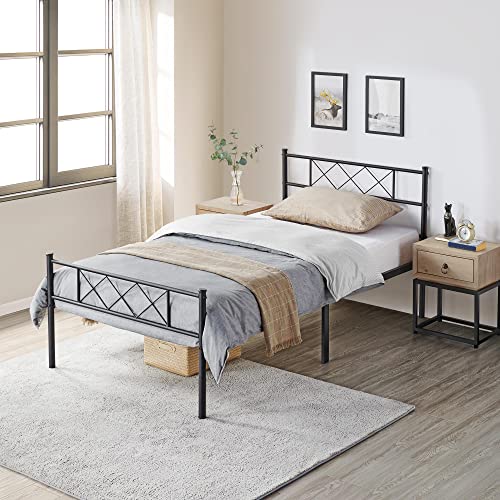 Yaheetech Twin XL Metal Platform Bed Frame Mattress Foundation with Headboard and Footboard No Box Spring Needed Under Bed Storage Steel Slats Black