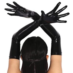 Luwint Women Long Leather Gloves, Black Wet Look Latex Gloves for Costume Dress Opera Party