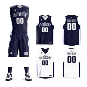 baililai personalize your own reversible basketball jersey uniform custom name & number for men/women/youth, navy & white