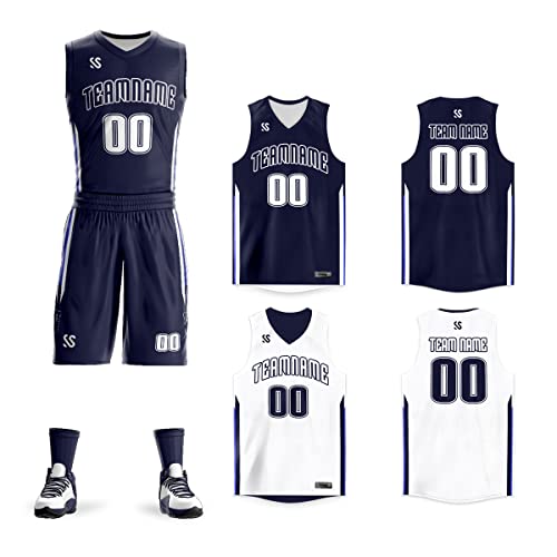 BaiLiLai Personalize Your Own Reversible Basketball Jersey Uniform Custom Name & Number for Men/Women/Youth, Navy & White