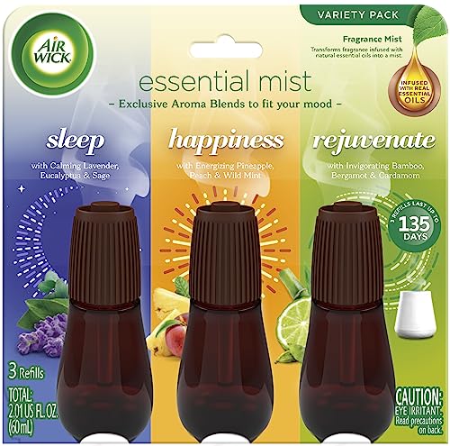 Air Wick Essential Mist Refill, 3 Ct Multipack, Sleep, Happiness, Rejuvenate, Essential Oils Diffuser, Air Freshener