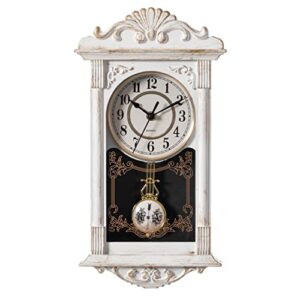 clockswise vintage grandfather wood-looking plastic pendulum decorative battery-operated wall clock brown, for office, home decor, living room, kitchen, or dining room, white